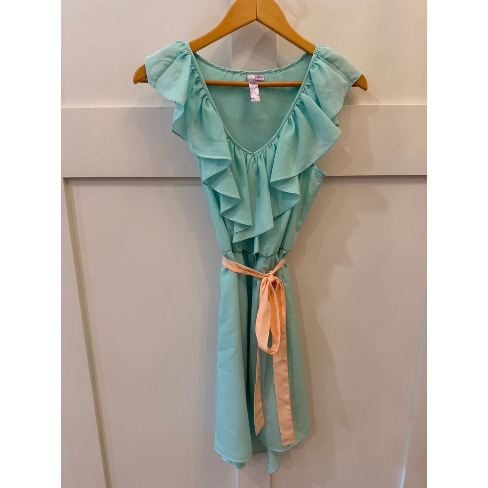 Women’s Ayla Aqua and Coral Ruffle Dress Satin Size XS Small